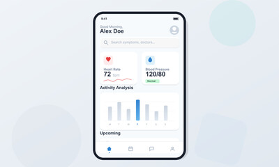 A smartphone screen shows health tracking information for a user named Alex Doe. The screen displays heart rate, blood pressure, and an activity analysis chart for the week.