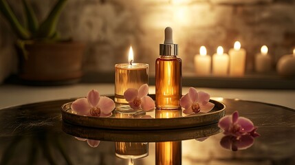 Facial oil on a mirror tray with orchid petals and candlelight .