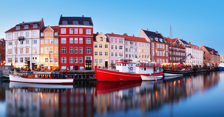 Copenhagen Nyhavn, New port of Copenhagen, sunset in Denmark