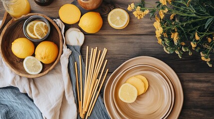 A zero-waste lifestyle scene with reusable straws, cloth napkins, .