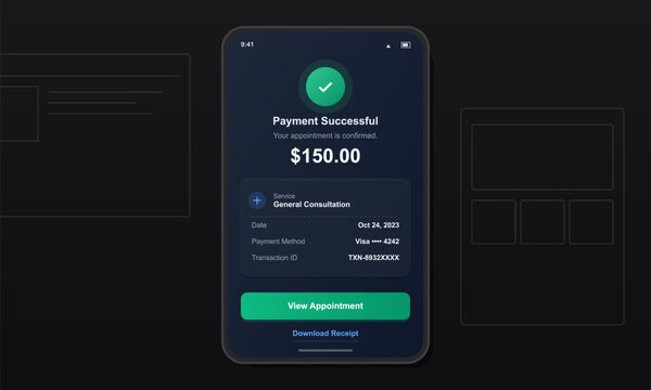 Payment of 150 dollars is confirmed for a general consultation happening on October 24, 2023. Transaction details are provided on the screen.