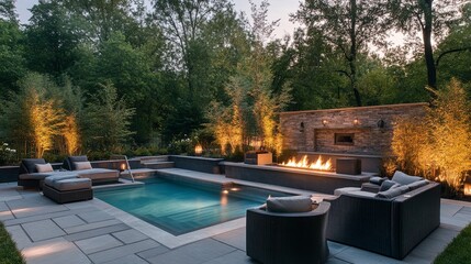 Luxury outdoor patio with a sleek pool, cozy fire pit, and soft ambient lighting for an intimate atmosphere .