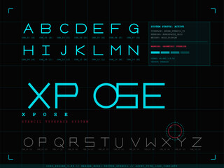 A design shows a blue stencil typeface on a dark background. It displays the full alphabet along with system status and loading information in a simple format. © Антон Сальников
