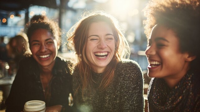 Three women laughing and smiling joyfully in the sunlight. Their faces are radiant with happiness as they share a moment of laughter