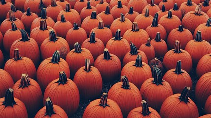 A pumpkin patch with rows of vibrant orange pumpkins ready for harvest. .