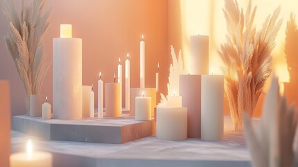 Modern geometric party decorations with candles in a muted space .