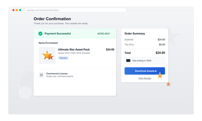 A user receives an order confirmation for a digital asset purchase, detailing the successful payment status and total amount due. The summary highlights item details.