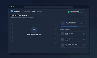 User interacts with a web interface to upload documents and manage files. Recent uploads are displayed on the screen in a digital file management tool.
