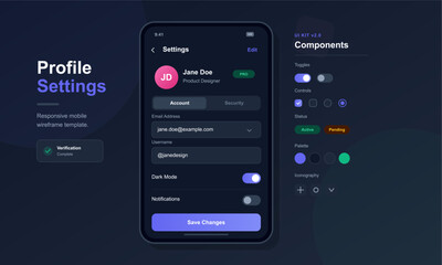 Users interact with a profile settings screen on a mobile device, updating account details, managing notifications and dark mode settings in a simple layout.