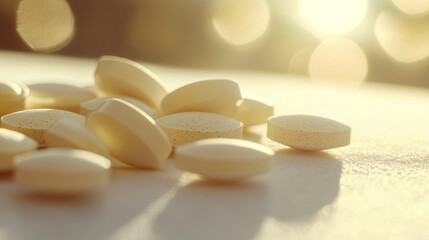 Soft focus close-up of vitamin pills and tablets on a white surface with diffused natural light illuminating them .