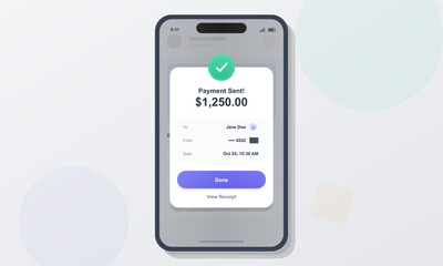 A digital screen shows a payment confirmation for $1,250.00 sent to Jane Doe. The transaction date is October 24 at 10:30 AM. The sender