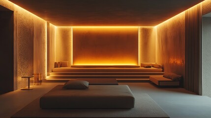 A cozy home theater setup with a minimalist design and soft lighting. .