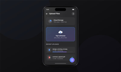 A smartphone screen shows a mobile app interface for uploading files to cloud storage. It features recent uploads and a button to browse files.