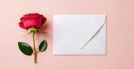 Fototapeta premium Red rose, white envelope resting on pink surface. Simple composition, romantic feel, delicate beauty presented.