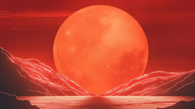 A surreal video concept with a low-angle view of a giant red moon over dark mountains, creating a dramatic and otherworldly atmosphere. Live desktop wallpaper.