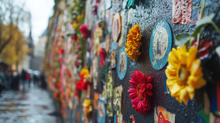 Vibrant memorial wall adorned with fresh flowers and painted symbols, showcasing urban art and community remembrance in a city setting
