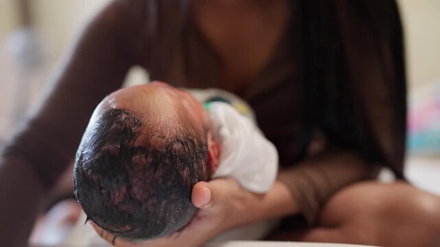 A woman is holding a baby's head, which is bald. She is sitting on a surface, possibly a bathtub, and is holding the baby's head in her hands. The baby is likely a newborn or a young child
