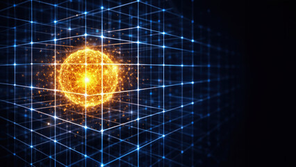 Naklejka premium Quantum energy sphere glows within blue lattice grid forming complex geometric structures symbolizing advanced security and technology