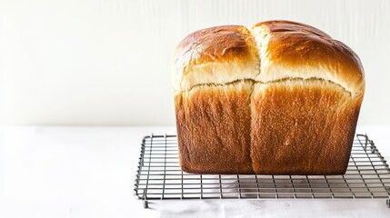A loaf of freshly baked bread cooling on a wire rack, filling the frame with appetizing textures