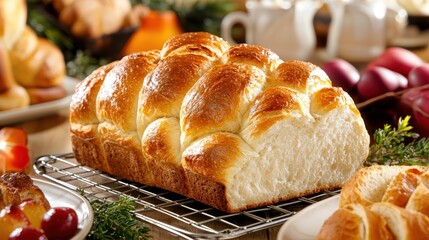 A loaf of freshly baked bread cooling on a wire rack, filling the frame with appetizing textures