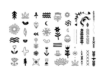 Design elements with decorative motifs in Scandinavian style black-and-white symbols collection