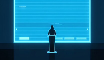 Person on Stage with Blue Screen Display