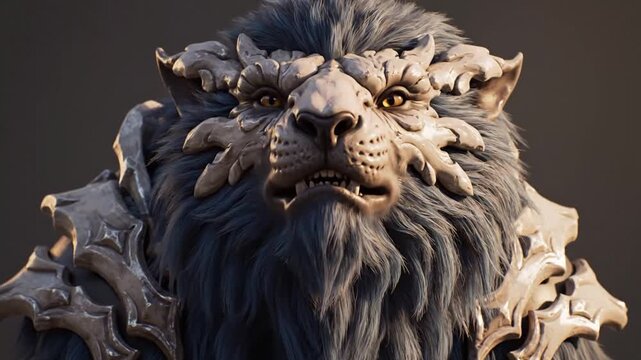 Fierce Fantasy Lion Warrior with Ornate Bone Armor Roaring.