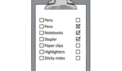 Office supplies checklist on clipboard with checkboxes marked stationery items listed