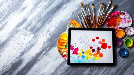 A digital tablet displaying artwork sketches, paired with paintbrushes and a palette