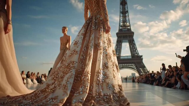 A model in an elaborate gown walks a runway with the Eiffel Tower in the background during a high-fashion show in Paris.