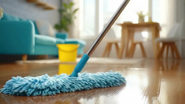 A bright, clean, low-angle shot focusing on a blue microfiber mop cleaning a shiny wooden floor