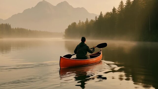 A serene video scene of a person canoeing on a calm lake at sunrise, captured from a rear angle, with misty mountains and trees in the background. Live desktop wallpaper.