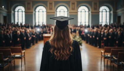 Graduation Ceremony Moment, University Graduate Faces Audience During Ceremony, Student In Ceremonial Attire Standing Before Audience During Significant Graduation Celebration Event