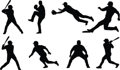 Obraz premium Set of baseball player silhouettes in action poses including batting, pitching, catching, running and fielding, black sport figures isolated on white background.