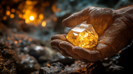 A miner's weathered hands gently cradle a glowing, raw gemstone unearthed from the earth's depths