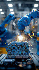 Industrial robot arm precisely welds a metal automotive part with bright sparks flying