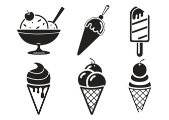 Assortment of black and white ice cream and frozen dessert icons food sweet