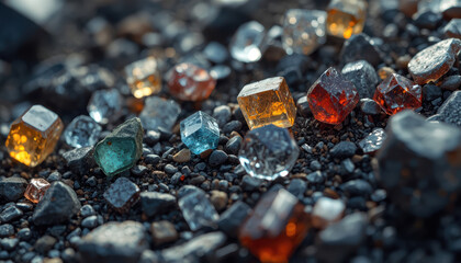 Colorful raw gemstone crystals on pebbled ground glinting in soft light