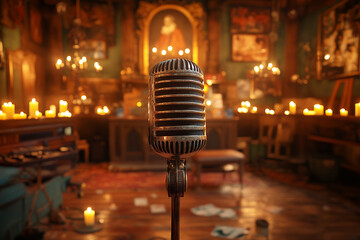 A vintage microphone stands in a dimly lit antique room, surrounded by flickering candlelight and old paintings, creating an evocative atmosphere