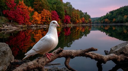 White Pigeon in Autumn Lake Landscape