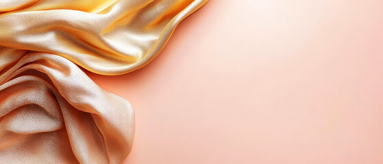 Elegant golden silk fabric draped artfully on a peach background. Horizontal banner with copy space for text, poster, free space