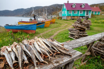 Dried fish on wooden table, colorful fishing boats and houses in a quaint coastal village
