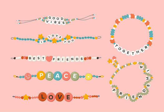 Colorful trendy collection of beaded friendship bracelet made with alphabet letters and phases