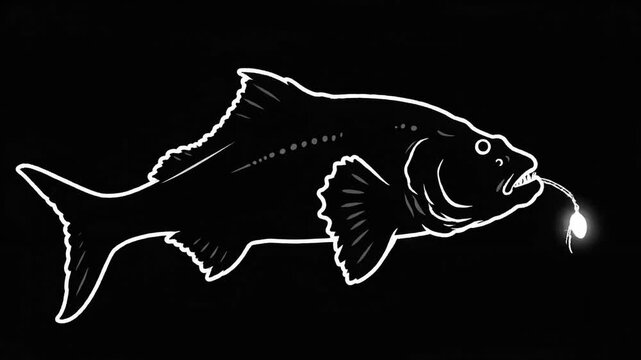 Simple line drawing of a fish biting a hook on a black background.