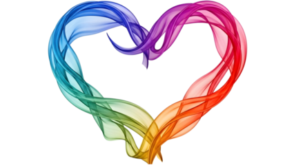 Colorful flowing ribbon heart shape with gradient hues of blue purple red orange green isolated on a transparent background