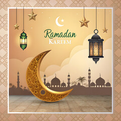 Ramadan Kareem Greeting with Golden Crescent Moon, Lanterns, and Mosque Silhouette