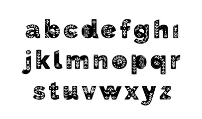 Complete lowercase English alphabet set in black with letters decorated Scandinavian folk motifs