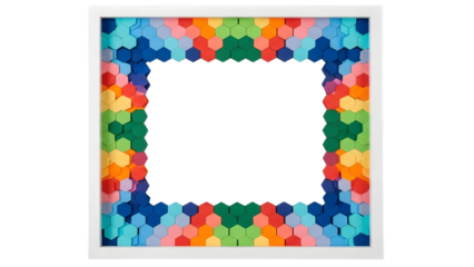 Colorful hexagonal paper frame with white border and empty center isolated on a transparent background