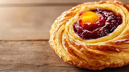 Close-up of a delicate Danish pastry with fruit filling: A detailed shot of a golden Danish pastry filled with vibrant fruits and topped with a glaze, placed on a rustic wooden surface,