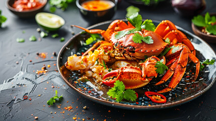 Singaporean chili crab, a signature dish of stir-fried crab in a rich and spicy tomato chili sauce, served with fresh herbs. A must-try for seafood lovers.